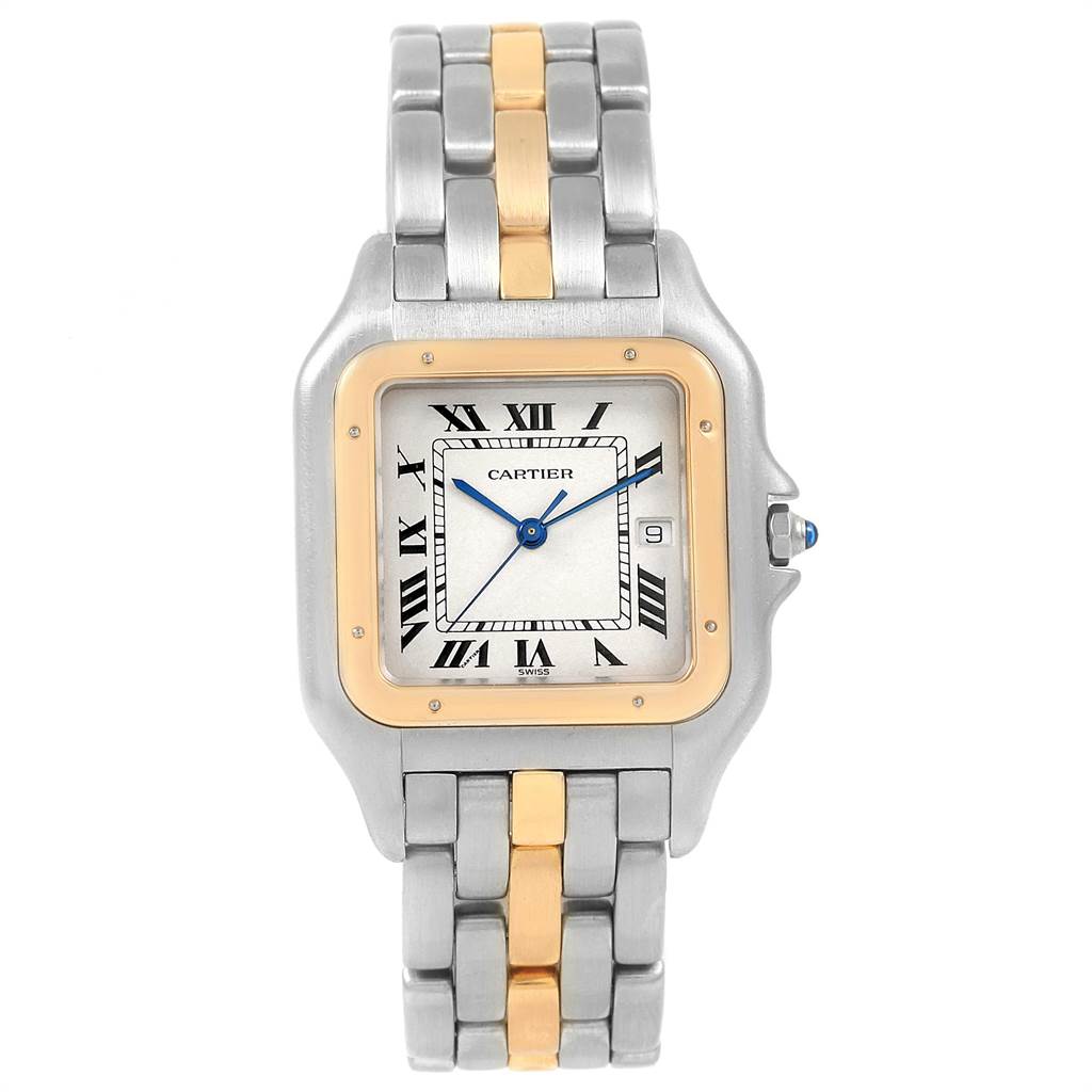 The image shows a front view of a Cartier Panthere 187957 Steel and Gold (two tone) Silver Dial 187957 Steel and Gold (two tone) Silver Dial watch, highlighting its face, bezel, and bracelet.