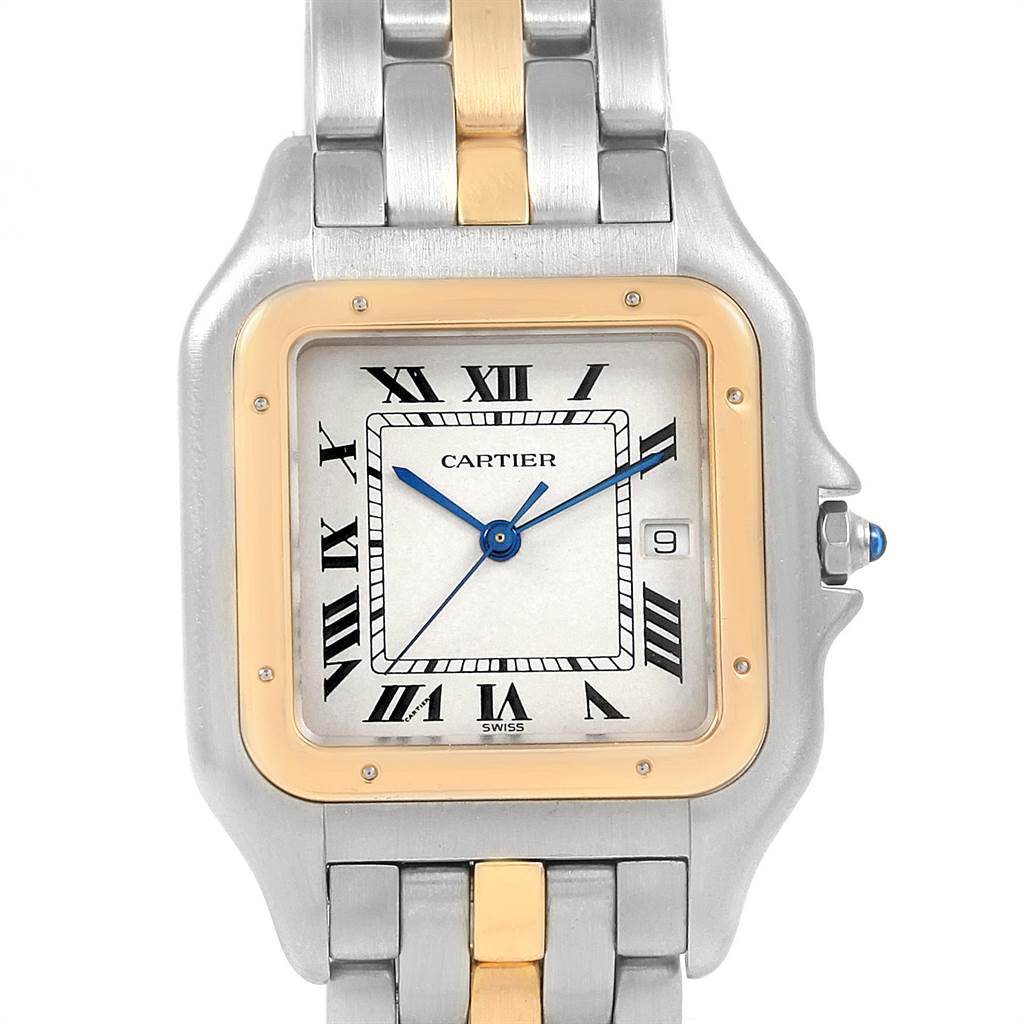 The image shows a close-up of a Cartier Panthere 187957 Steel and Gold (two tone) Silver Dial 187957 Steel and Gold (two tone) Silver Dial watch, including the face, bezel, and part of the band.