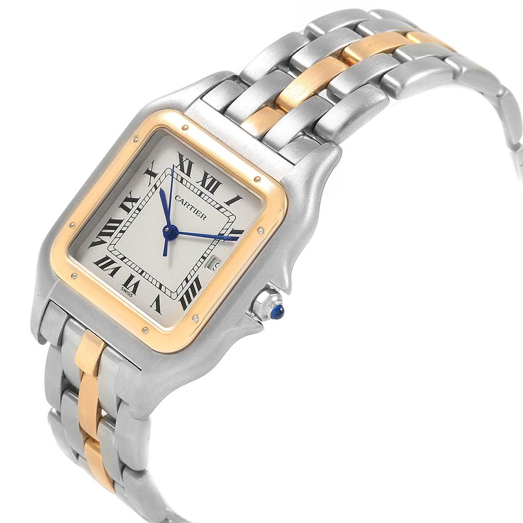 The image shows a Panthere model by Cartier, viewed at an angle highlighting its face, bezel, and two-tone metal bracelet.
