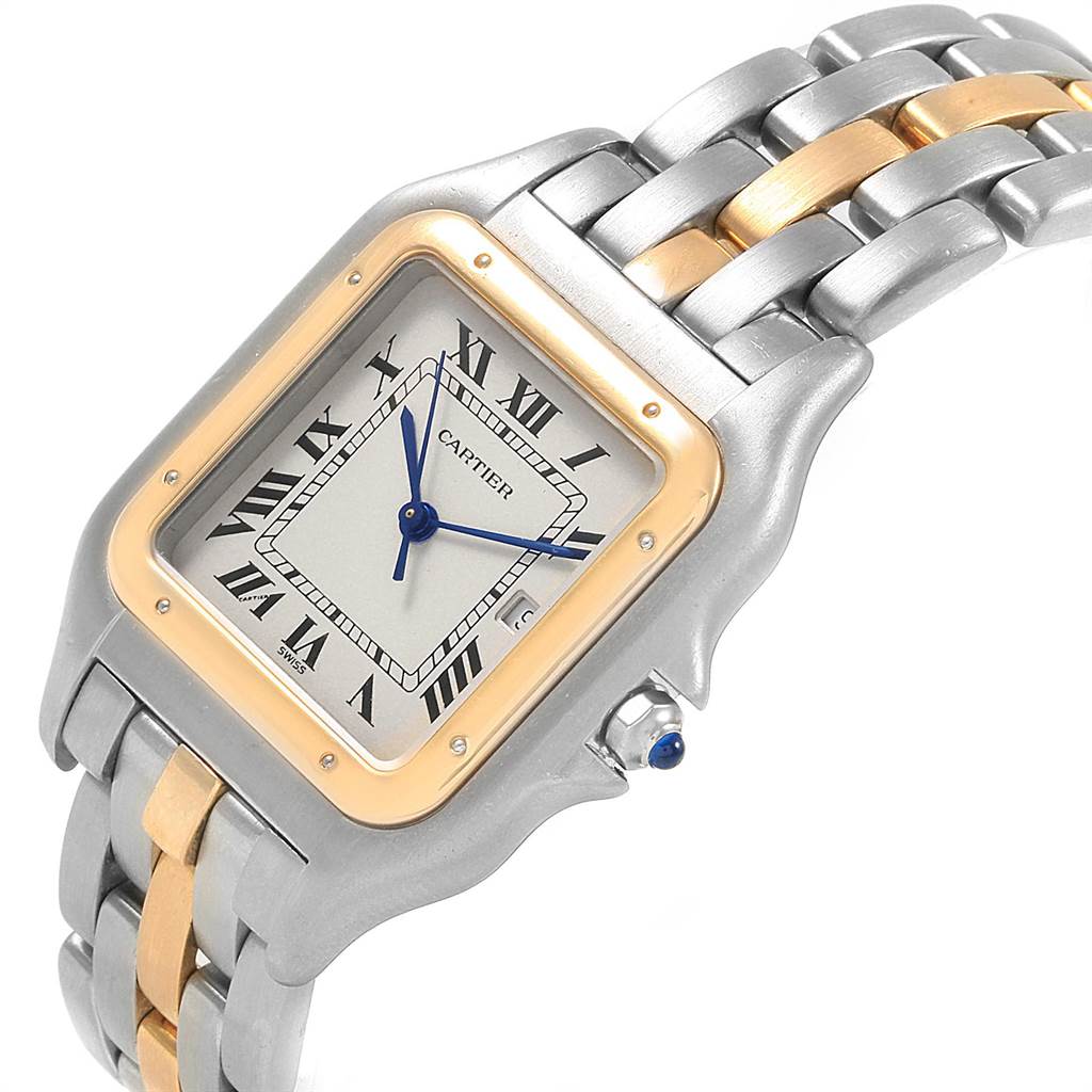 The image shows a Cartier Panthere 187957 Steel and Gold (two tone) Silver Dial 187957 Steel and Gold (two tone) Silver Dial watch at a tilted angle, highlighting the bezel, dial, crown, and two-tone bracelet.