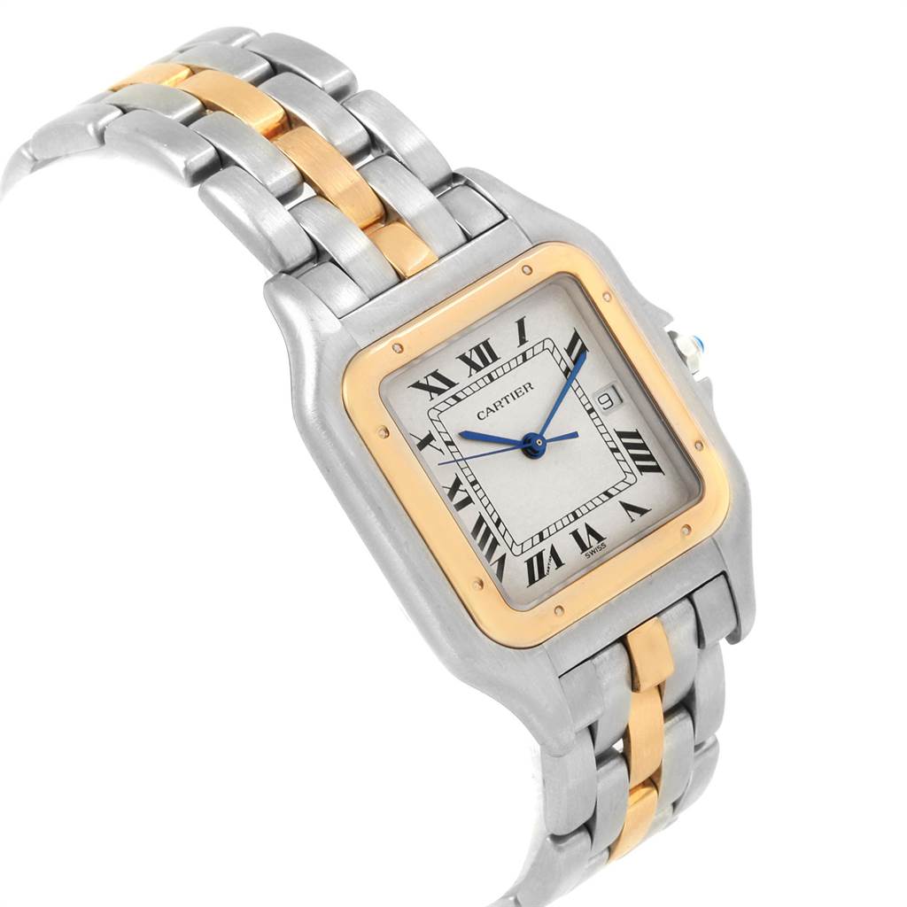 The image shows a Cartier Panthère watch from an angled view, highlighting its two-tone bracelet, square case, and Roman numeral dial.