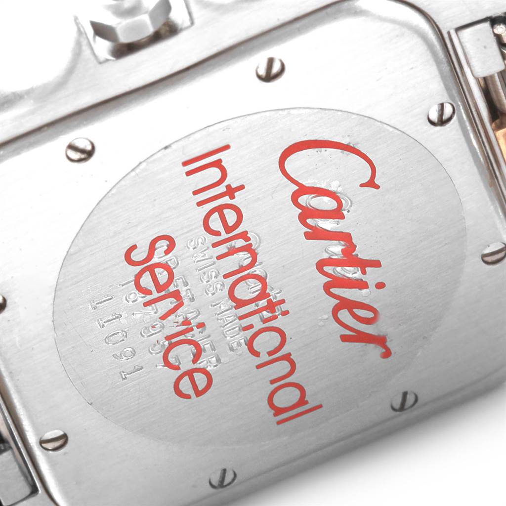 This image shows the back case of a Cartier Panthere 187957 Steel and Gold (two tone) Silver Dial 187957 Steel and Gold (two tone) Silver Dial watch, highlighting the "International Service" engraving.