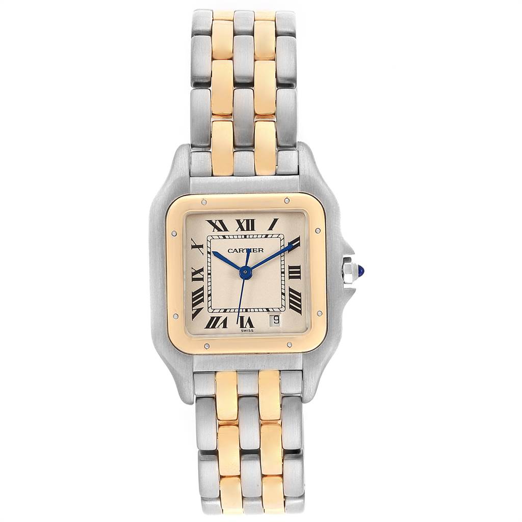 The image shows a front view of a Cartier Panthere W25028B8 Men's Steel and Gold (two tone) Silver Dial W25028B8 Men's Steel and Gold (two tone) Silver Dial watch, displaying its two-tone bracelet and square face with Roman numerals.