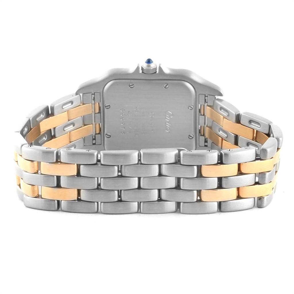 This image shows the back view of the case and two-tone bracelet of a Cartier Panthere W25028B8 Men's Steel and Gold (two tone) Silver Dial W25028B8 Men's Steel and Gold (two tone) Silver Dial watch.