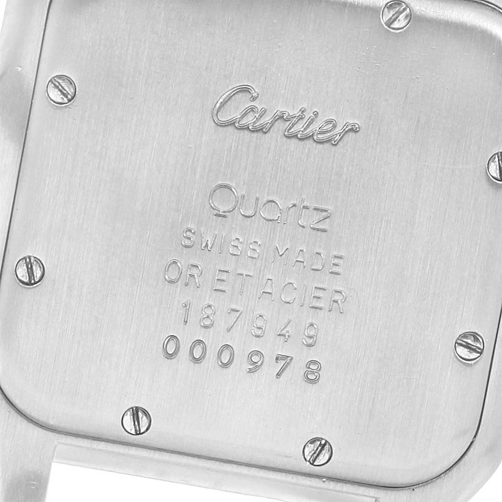 The image shows the back case of a Cartier Panthere W25028B8 Men's Steel and Gold (two tone) Silver Dial W25028B8 Men's Steel and Gold (two tone) Silver Dial watch, displaying brand details and serial numbers.
