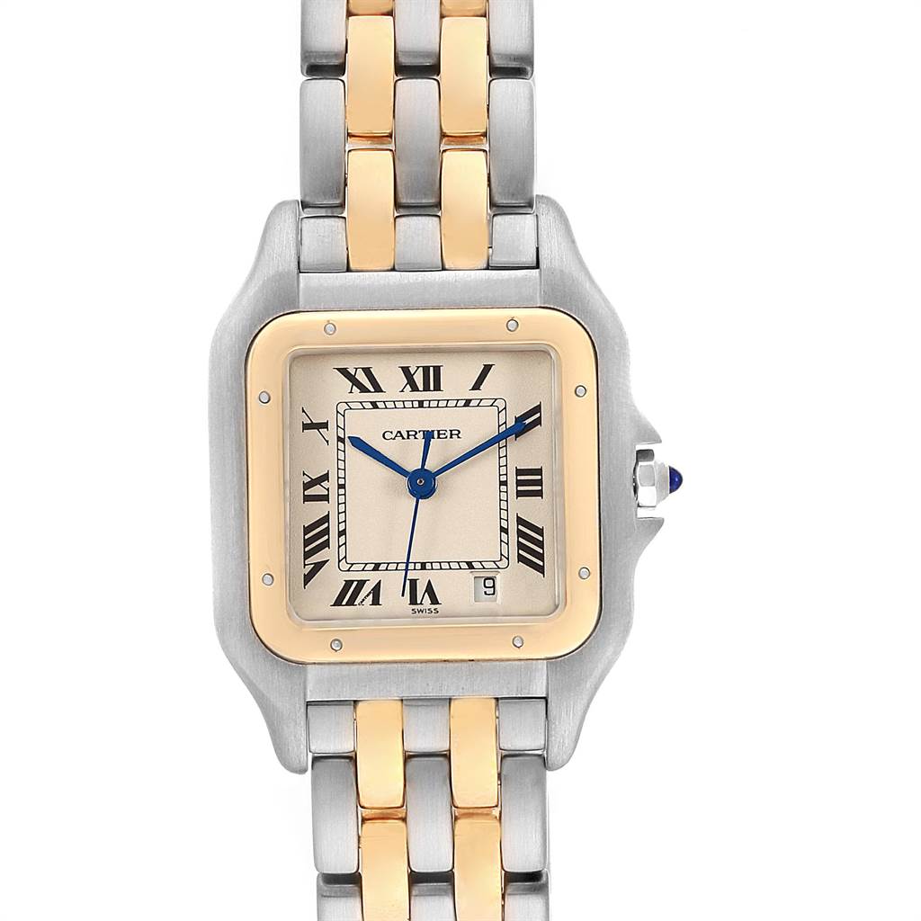This image shows a frontal view of the Cartier Panthere W25028B8 Men's Steel and Gold (two tone) Silver Dial W25028B8 Men's Steel and Gold (two tone) Silver Dial watch, highlighting its face, bezel, hands, and part of the bracelet.