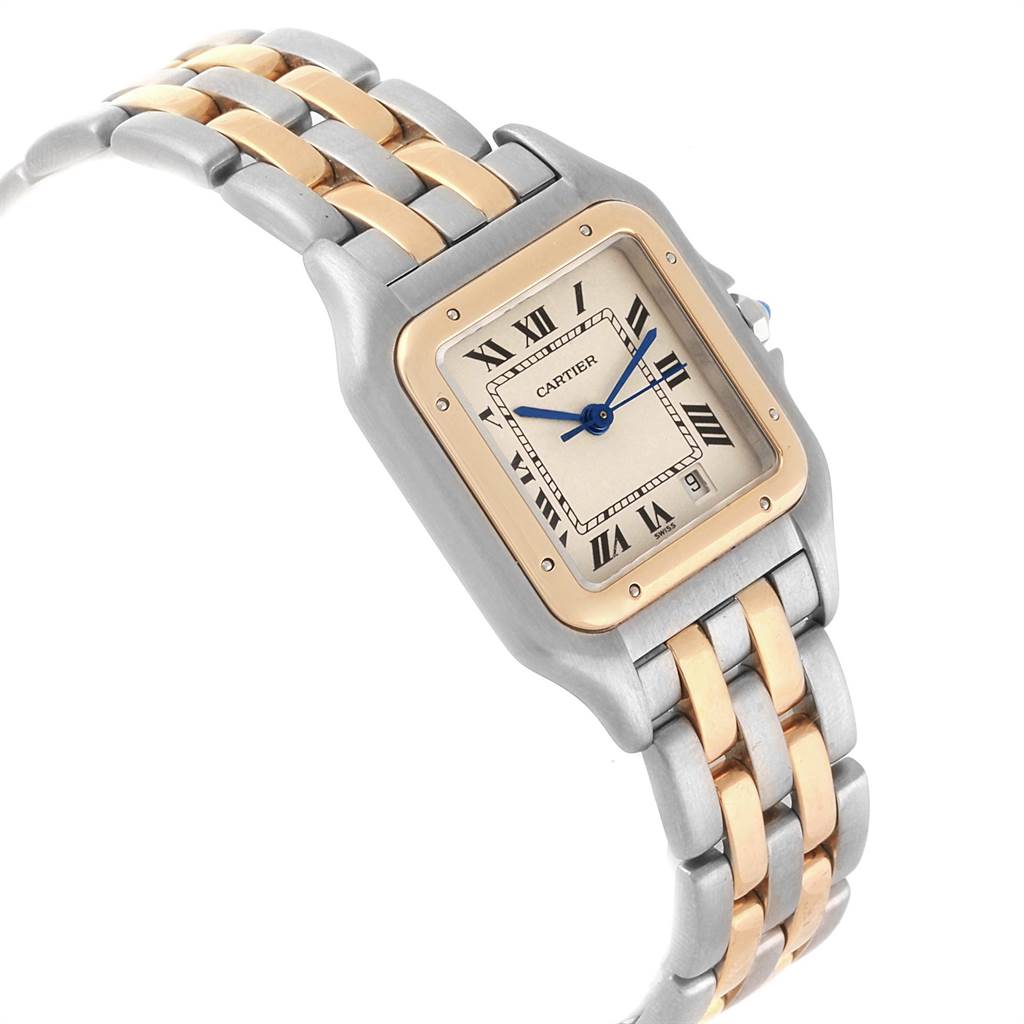 This image shows a Cartier Panthere W25028B8 Men's Steel and Gold (two tone) Silver Dial W25028B8 Men's Steel and Gold (two tone) Silver Dial model watch at an oblique angle, highlighting the face, bezel, and two-tone metal bracelet.
