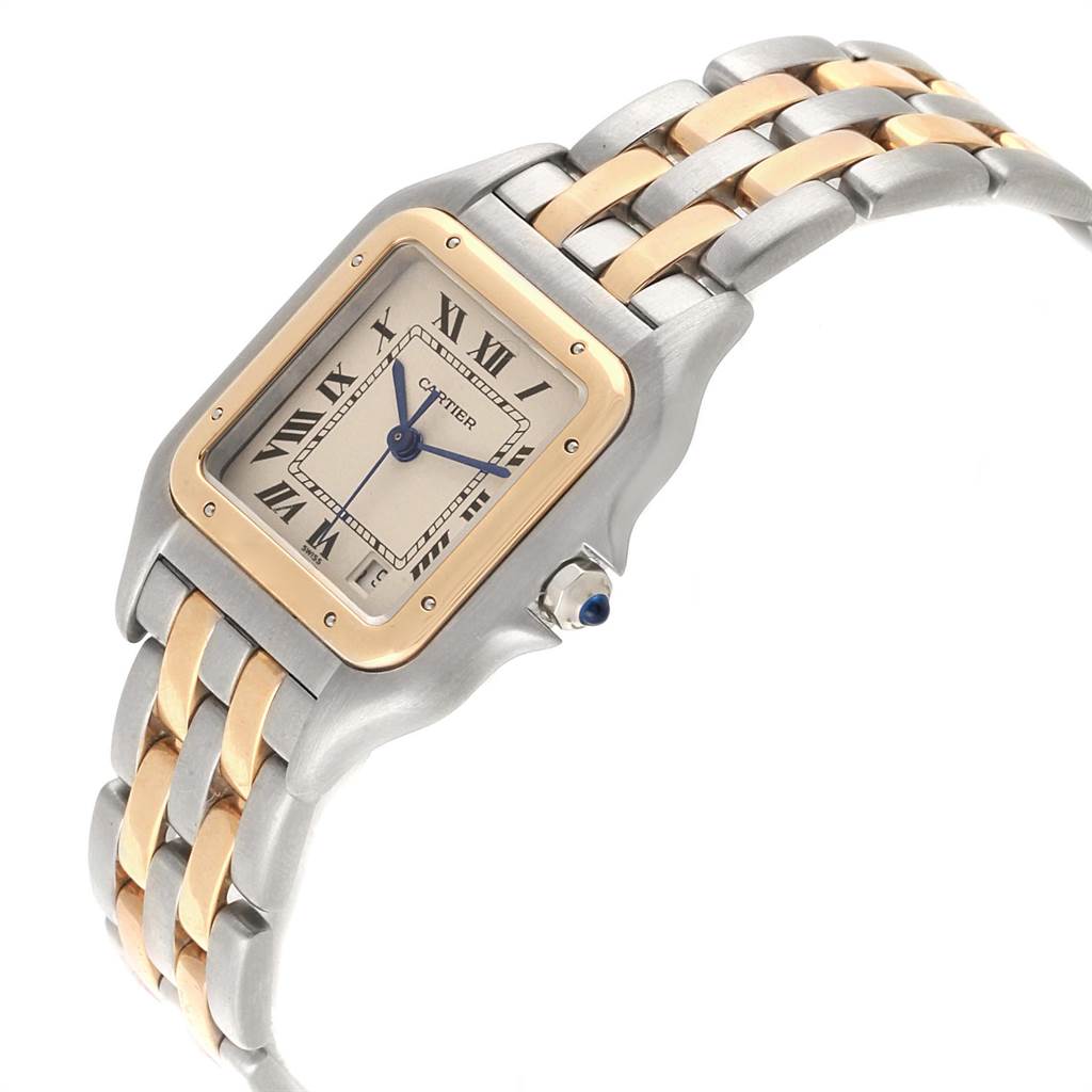 The image shows a Cartier Panthère watch at a slight angle, highlighting its face, bezel, crown, and two-tone bracelet.