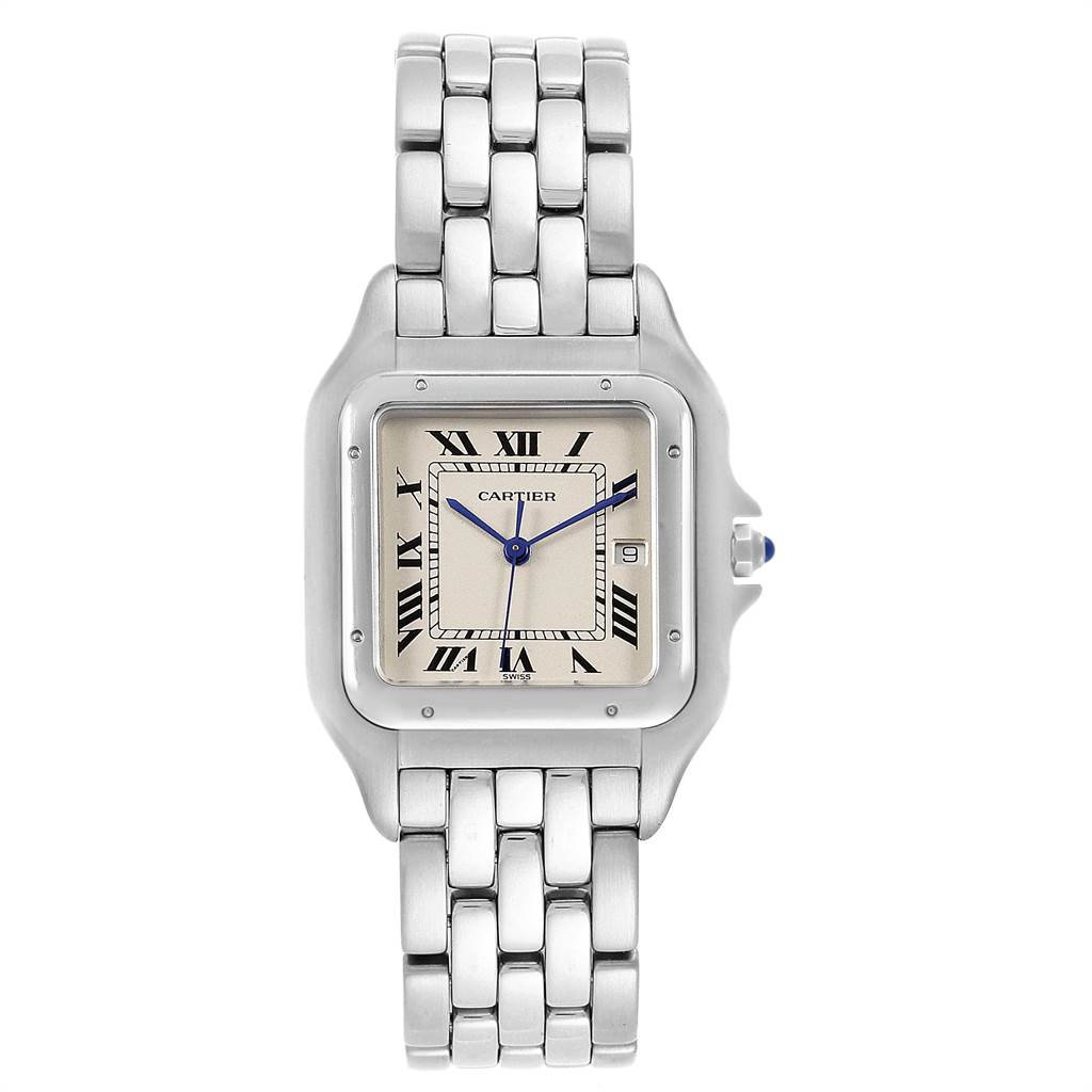 The image shows a front view of the Cartier Panthere W25032P5 Men's Stainless Steel Silver Dial W25032P5 Men's Stainless Steel Silver Dial watch, displaying its dial, hands, date window, and stainless steel bracelet.