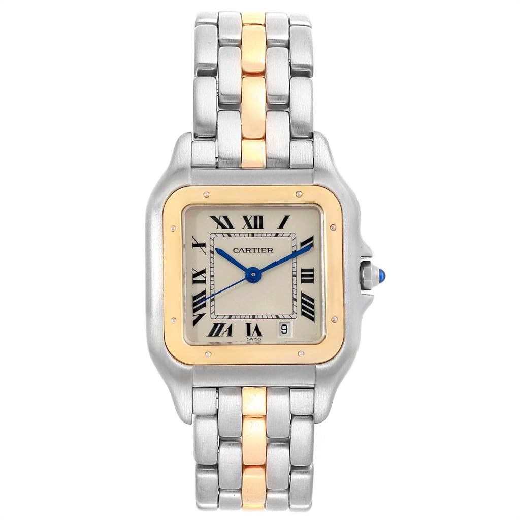 The image shows a front view of a Cartier Panthere W25028B5 Steel and Gold (two tone) Silver Dial W25028B5 Steel and Gold (two tone) Silver Dial model watch with a silver and gold two-tone bracelet.