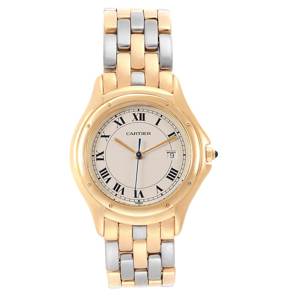 This image shows a Panthere de Cartier watch from a front angle, displaying the dial, case, and two-tone bracelet.