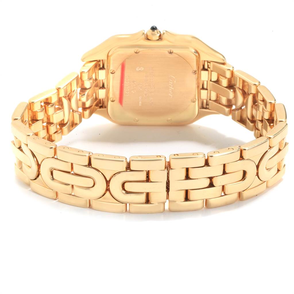 The image shows the back view of a Cartier Panthère watch, including the case back and a portion of the bracelet.