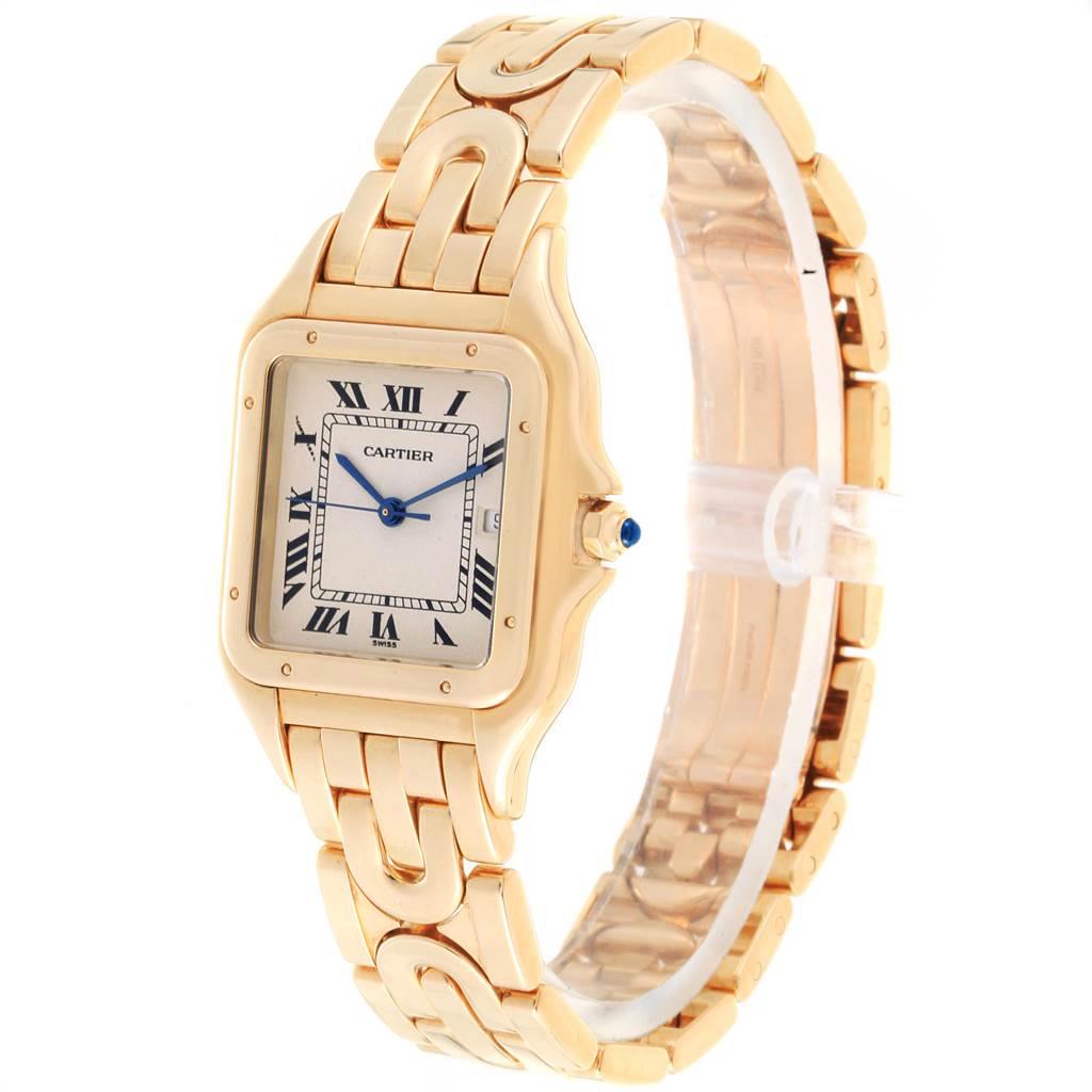 The Cartier Panthere W25014B9 Men's Yellow Gold Silver Dial W25014B9 Men's Yellow Gold Silver Dial model watch is shown at an angle highlighting its face, dial, and band in a gold finish.