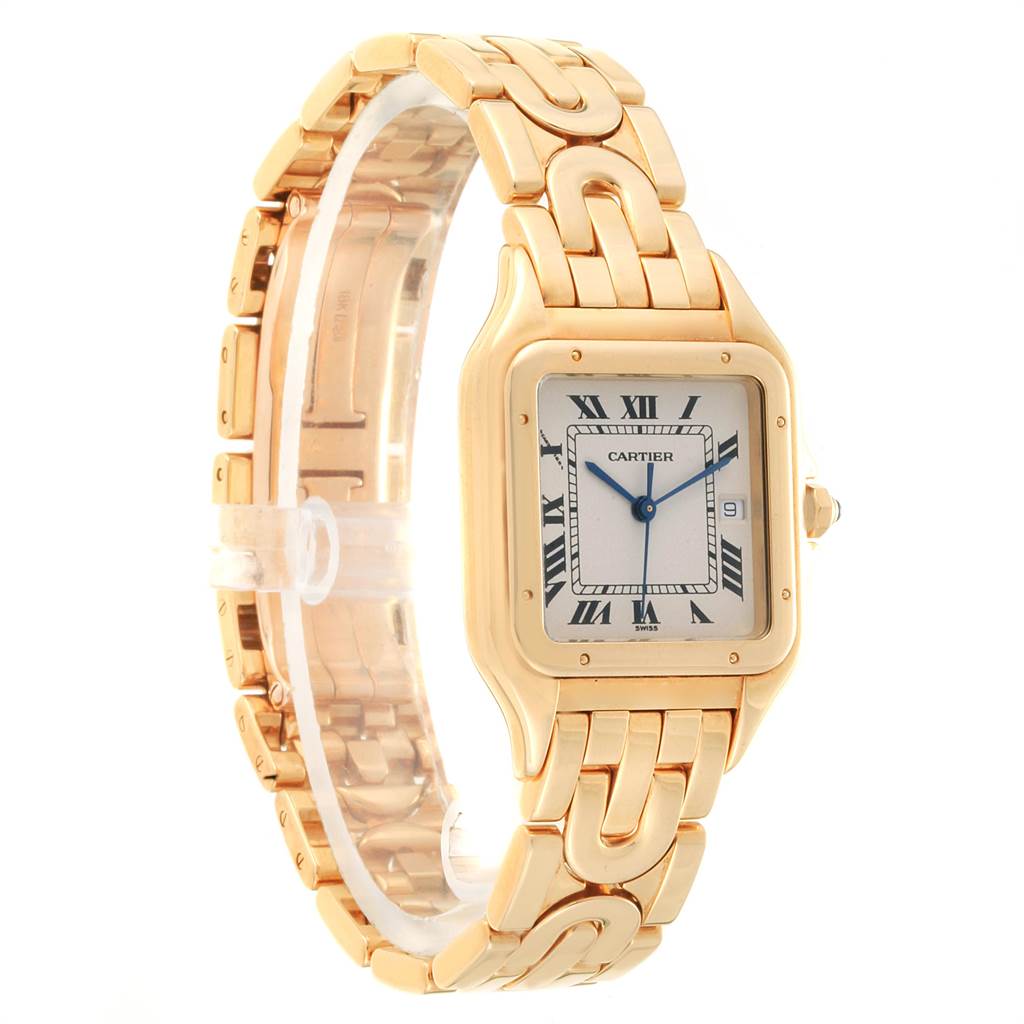 The image shows a Cartier Panthere W25014B9 Men's Yellow Gold Silver Dial W25014B9 Men's Yellow Gold Silver Dial watch at an angle highlighting the face and bracelet.