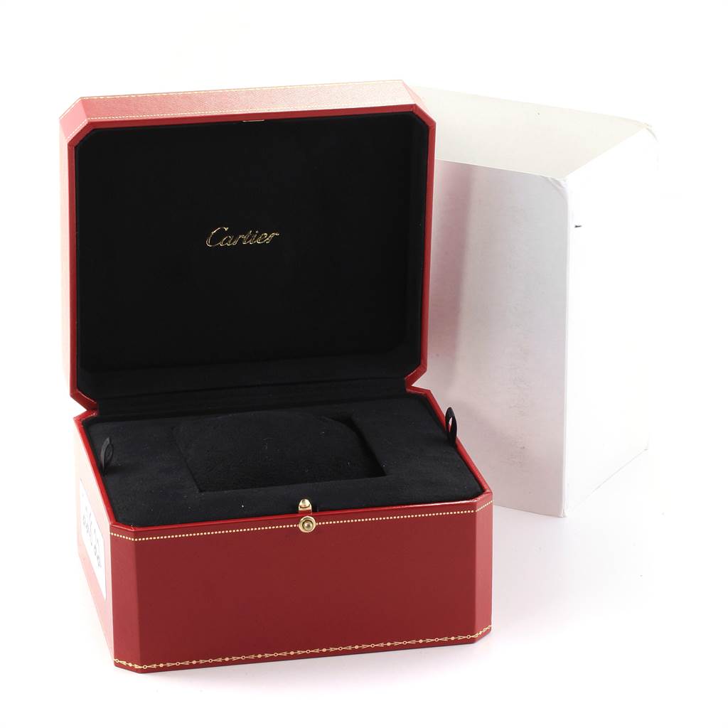 This image shows a Cartier Panthere W25014B9 Men's Yellow Gold Silver Dial W25014B9 Men's Yellow Gold Silver Dial watch box opened, displaying its interior and exterior packaging.
