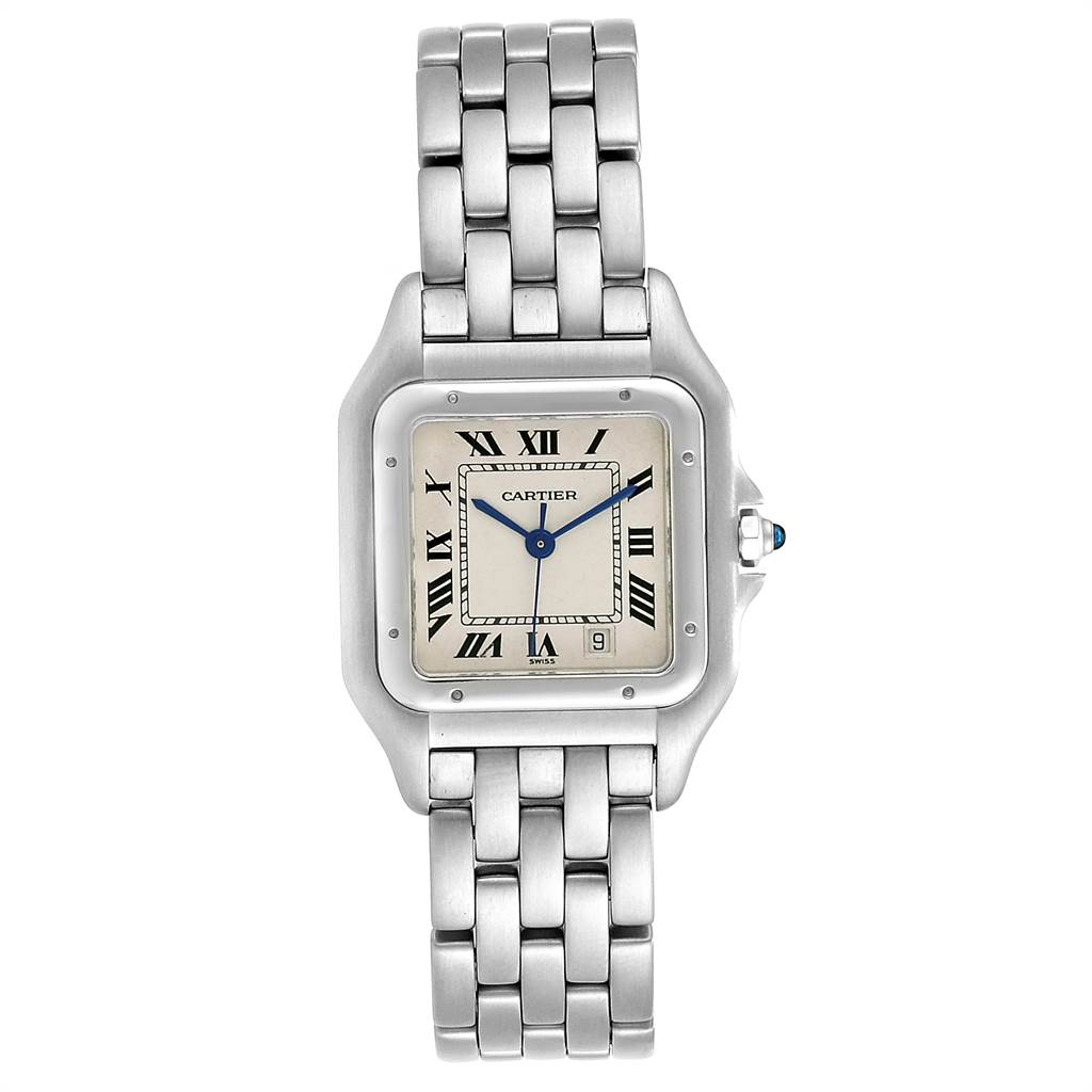 The image shows a front view of a Cartier Panthere W25054P5 Men's Stainless Steel Silver Dial W25054P5 Men's Stainless Steel Silver Dial watch displaying its face, bracelet, and crown.