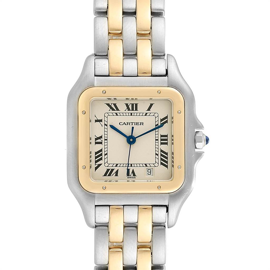 This image shows a front view of a Cartier Panthere W25028B8 Steel and Gold (two tone) Silver Dial W25028B8 Steel and Gold (two tone) Silver Dial model watch, highlighting the face, bezel, and two-tone bracelet.