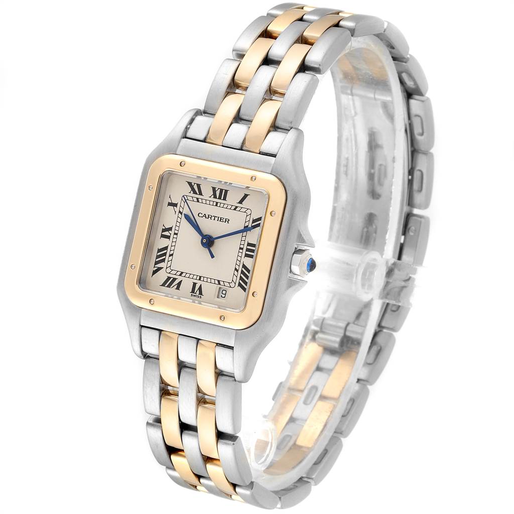 The image shows a Cartier Panthere W25028B8 Steel and Gold (two tone) Silver Dial W25028B8 Steel and Gold (two tone) Silver Dial watch at a three-quarter angle, highlighting its two-tone bracelet and square dial.