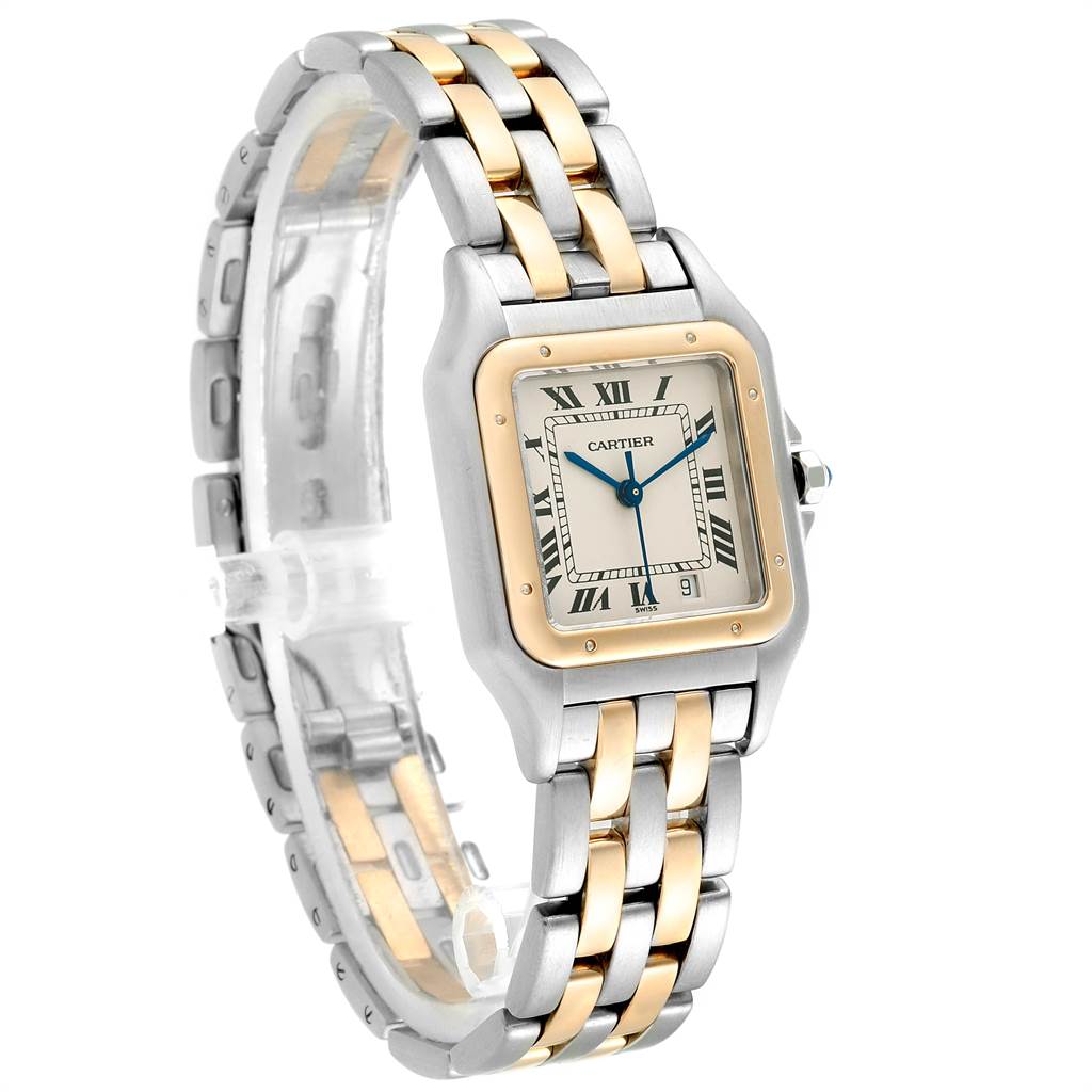 The image shows a side angle of the Cartier Panthere W25028B8 Steel and Gold (two tone) Silver Dial W25028B8 Steel and Gold (two tone) Silver Dial watch, highlighting its face and two-tone metal bracelet.