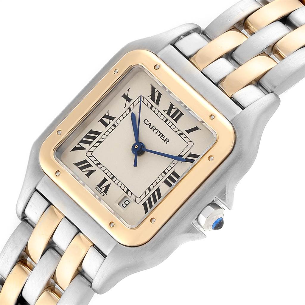 The image shows a close-up view of a Cartier Panthere W25028B8 Steel and Gold (two tone) Silver Dial W25028B8 Steel and Gold (two tone) Silver Dial watch, displaying its square face, Roman numerals, and metal bracelet.
