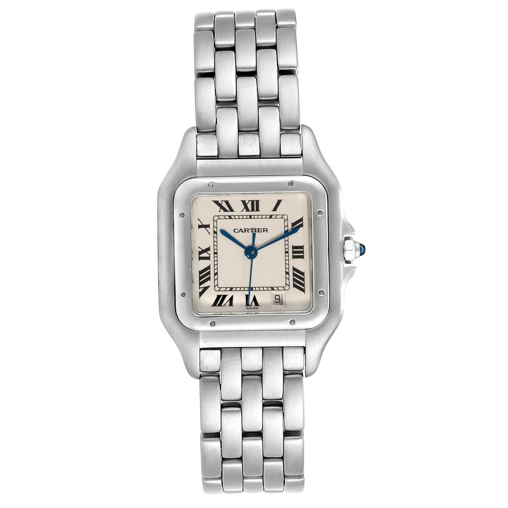 The Cartier Panthere W25054P5 Men's Stainless Steel Silver Dial W25054P5 Men's Stainless Steel Silver Dial watch is shown from a top-down angle, displaying its face, bezel, and bracelet.