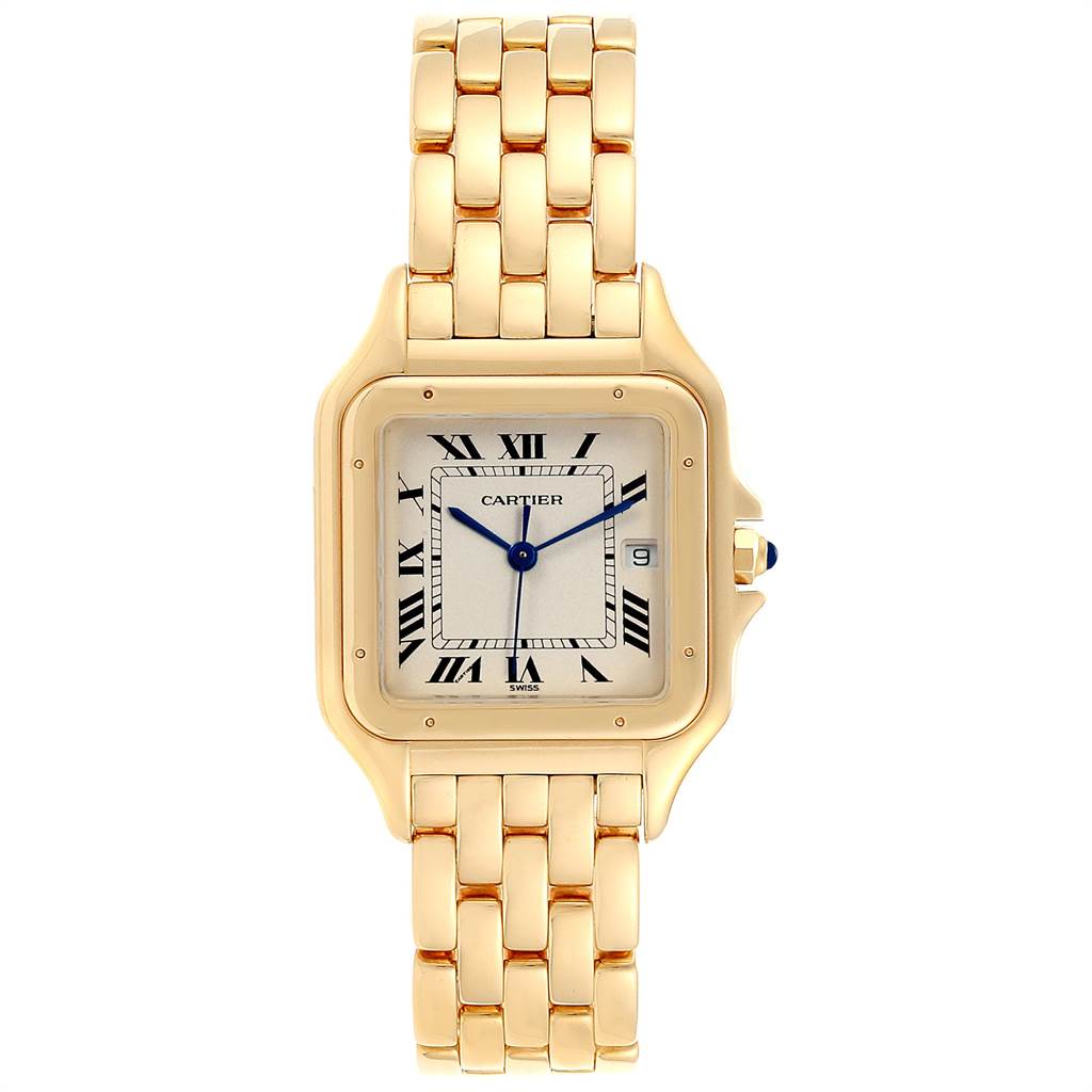 The image shows a frontal view of a Cartier Panthère watch, displaying its dial, bezel, and bracelet.