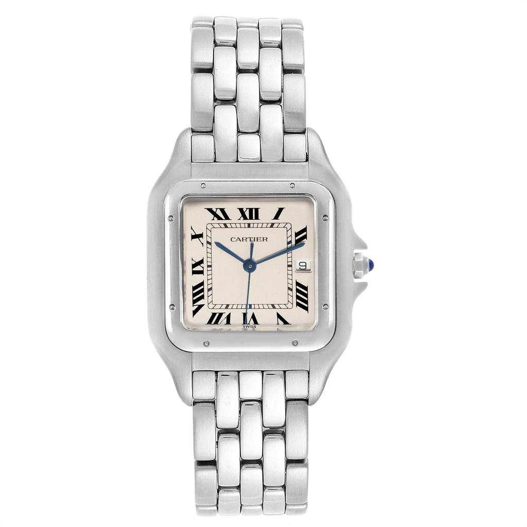 The image shows a front view of a Cartier Panthere W25032P5 Men's Stainless Steel Silver Dial W25032P5 Men's Stainless Steel Silver Dial watch with a metal bracelet and Roman numeral dial.