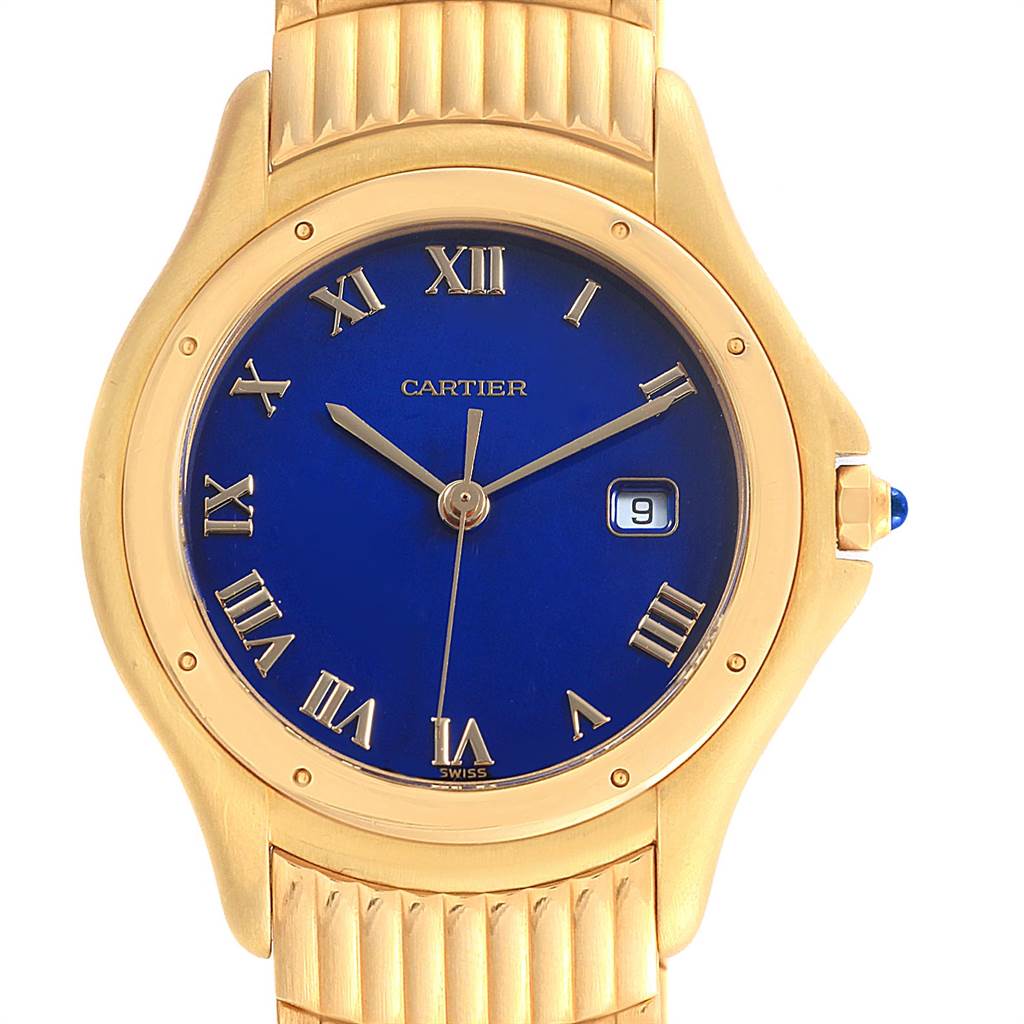 The image shows a front view of a Cartier Panthere W35019L3 Women
s Yellow Gold Blue Dial W35019L3 Women
s Yellow Gold Blue Dial watch with a blue dial and gold case and bracelet.