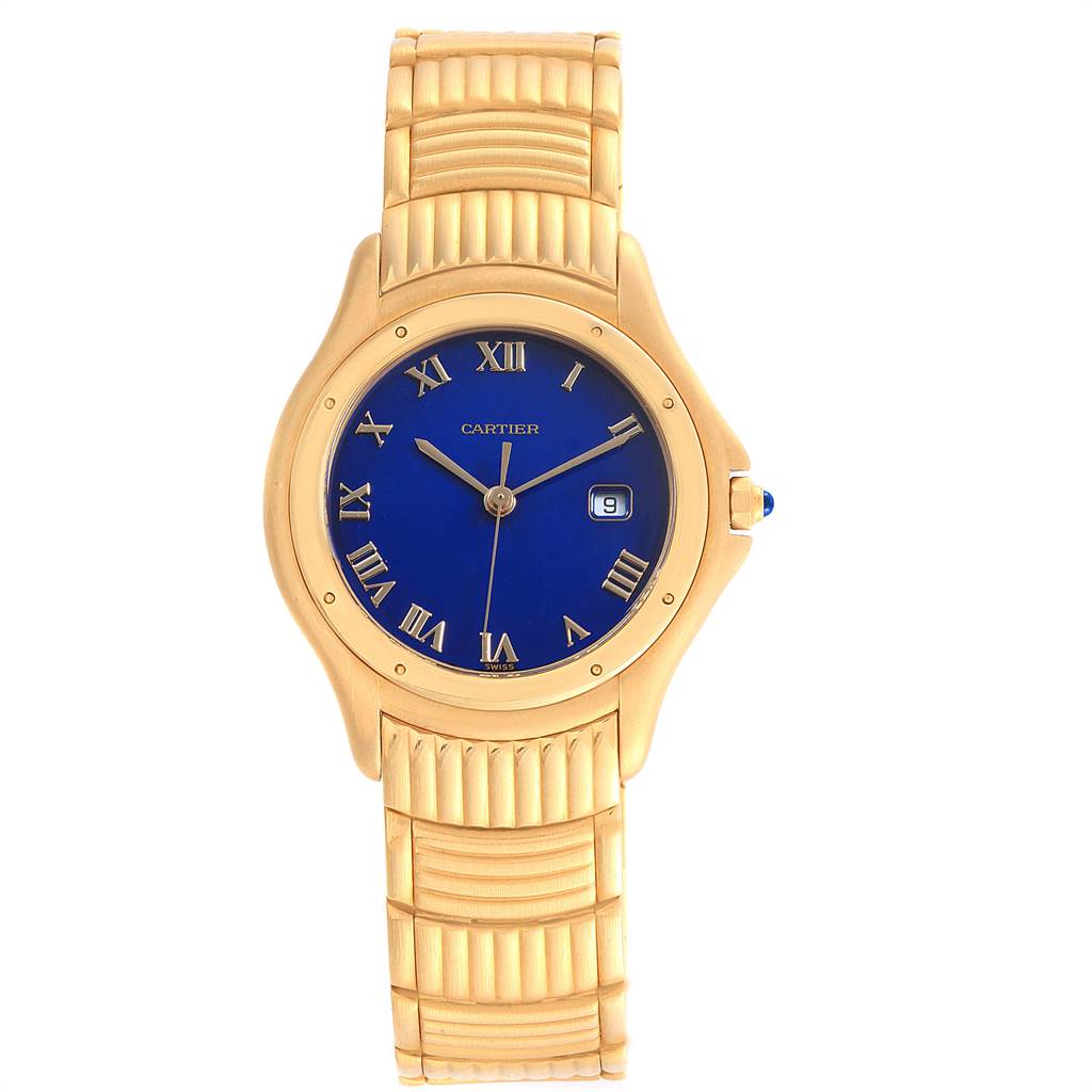This image shows a full-frontal view of a Cartier Panthere W35019L3 Women
s Yellow Gold Blue Dial W35019L3 Women
s Yellow Gold Blue Dial watch, highlighting its blue dial, gold case, and bracelet.