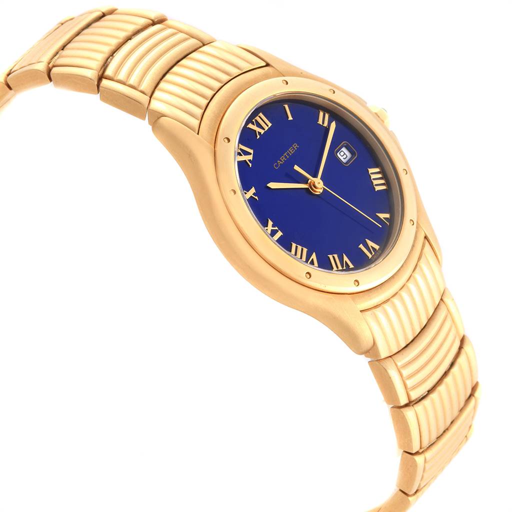 The image shows a side angle of the Cartier Panthere W35019L3 Women
s Yellow Gold Blue Dial W35019L3 Women
s Yellow Gold Blue Dial watch, highlighting its gold bracelet, blue dial, and Roman numeral hour markers.