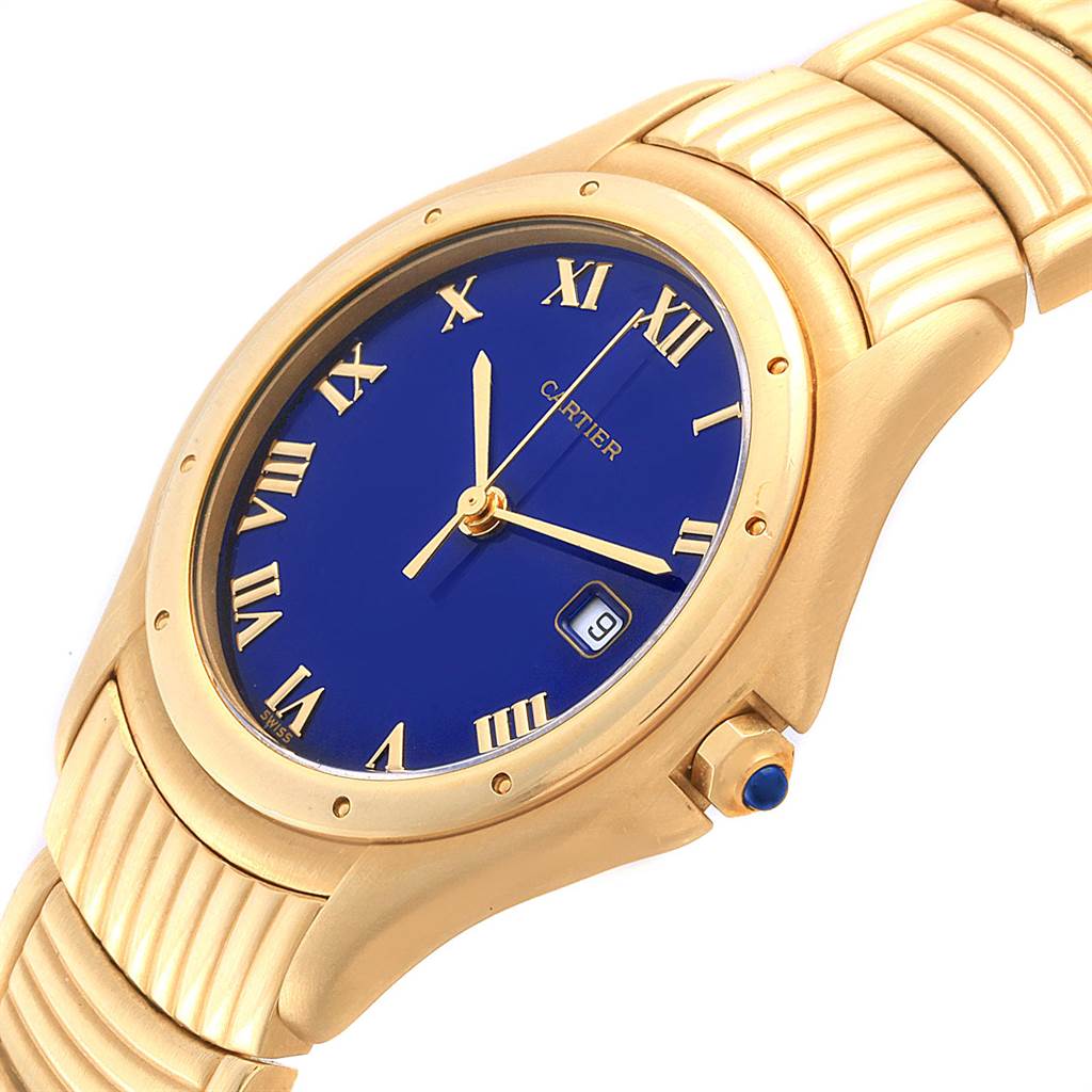 The image shows a Cartier Panthere W35019L3 Women
s Yellow Gold Blue Dial W35019L3 Women
s Yellow Gold Blue Dial watch from a three-quarter angle, highlighting its blue dial, golden bracelet, and crown.