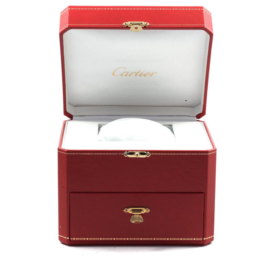 The image shows a red Cartier watch box open with the interior cushioned compartment for the Panthere model.