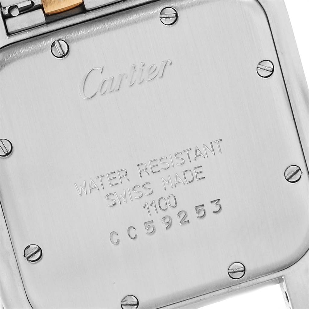 The image shows the back of a Panthere model by Cartier, highlighting the engraving and screws.