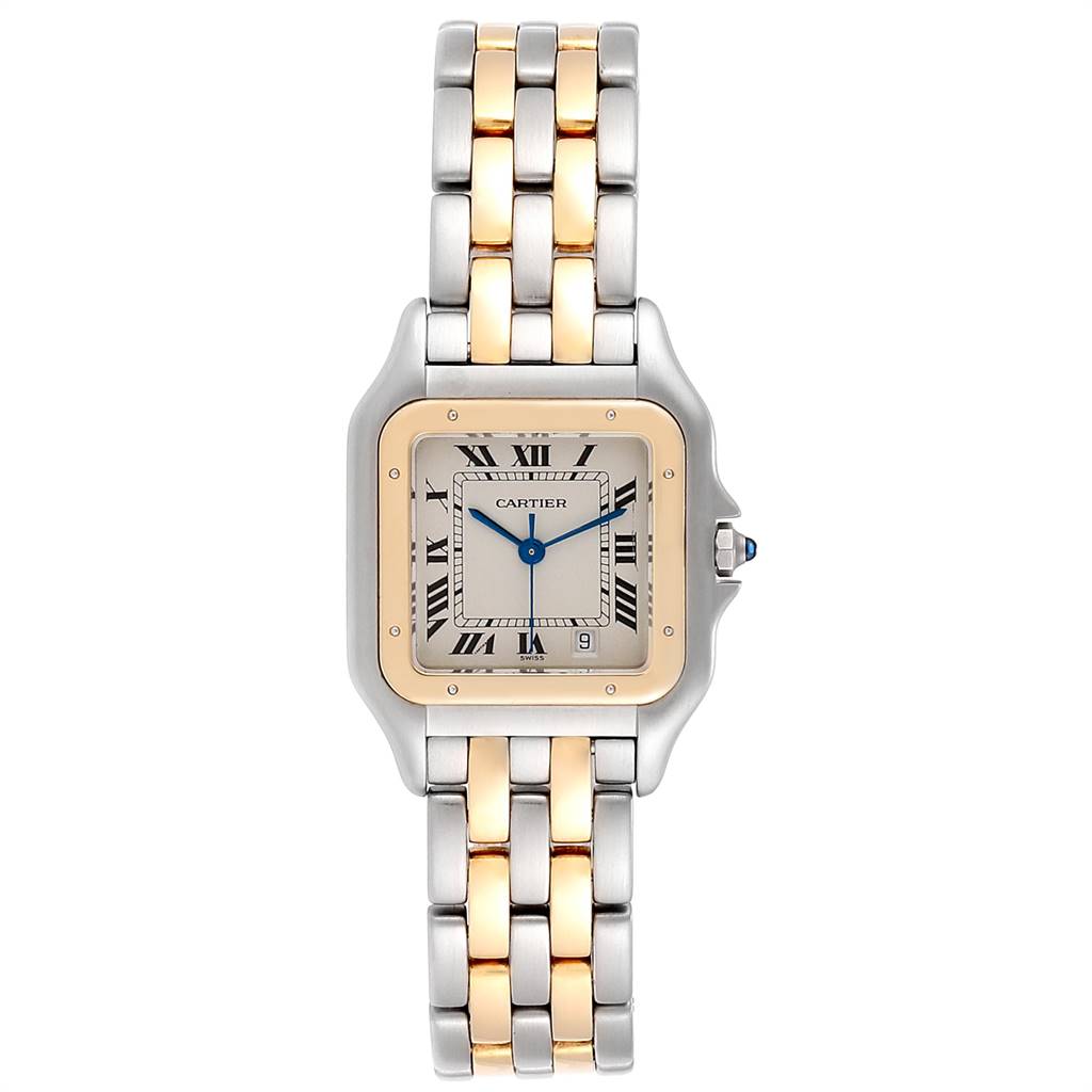 This image shows a front view of the Cartier Panthère watch, displaying its face, bezel, and two-tone metal link band.