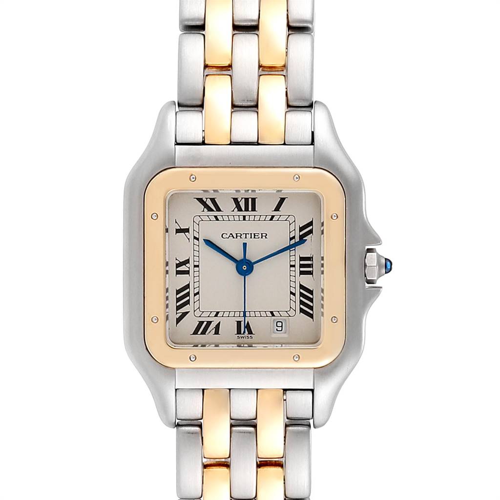 The image shows a front view of the Cartier Panthere W25028B8 Steel and Gold (two tone) Silver Dial W25028B8 Steel and Gold (two tone) Silver Dial watch, highlighting its dial, bezel, and two-tone band.