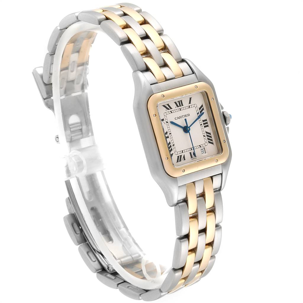 The image shows a Cartier Panthere W25028B8 Steel and Gold (two tone) Silver Dial W25028B8 Steel and Gold (two tone) Silver Dial watch at a three-quarter angle, highlighting its two-tone bracelet and square face with Roman numerals.