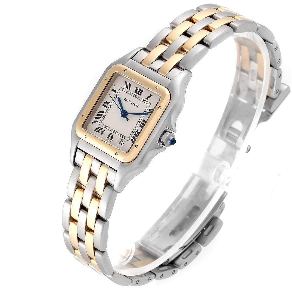 The Cartier Panthere W25028B8 Steel and Gold (two tone) Silver Dial W25028B8 Steel and Gold (two tone) Silver Dial watch is shown at a three-quarter angle, highlighting the face, bezel, and two-tone metal bracelet.