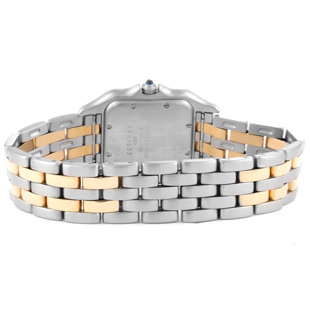 The image shows the back view of the Cartier Panthere W25028B8 Steel and Gold (two tone) Silver Dial W25028B8 Steel and Gold (two tone) Silver Dial model watch, focusing on the two-tone metal bracelet and the case back.