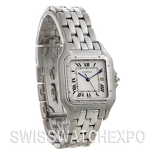 This image displays a Cartier Panthere W25032P5 Stainless Steel Silver Dial W25032P5 Stainless Steel Silver Dial watch at a slight angle, showing the face, bracelet, and side of the case.