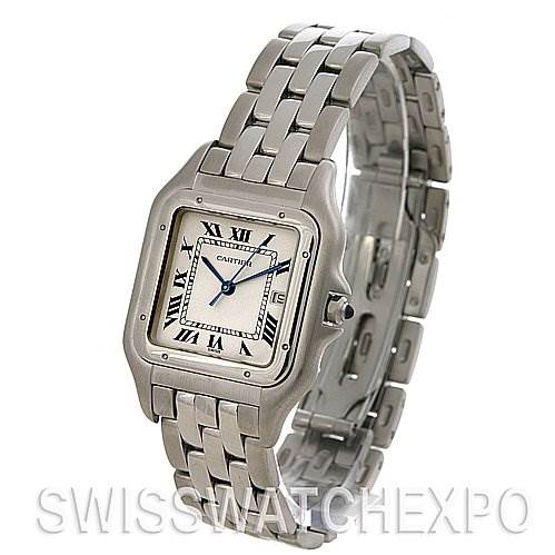 The Panthere model by Cartier is shown at an angled view, highlighting the face, bezel, and bracelet.