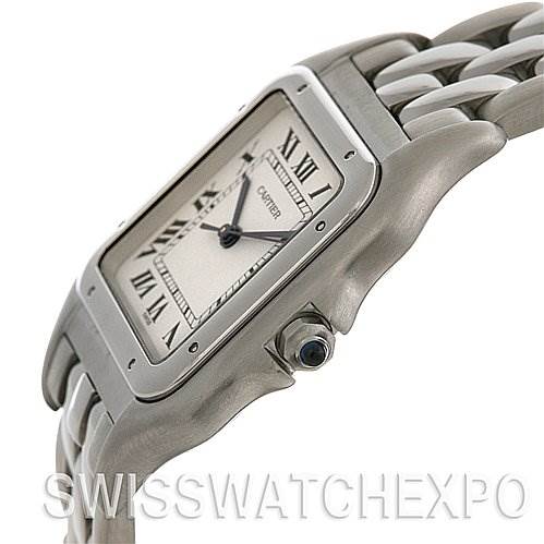 This image shows a side view of the Cartier Panthère watch, highlighting its case, bezel, dial, crown, and part of the bracelet.