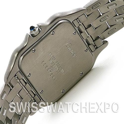 The image shows the back case and bracelet of a Cartier Panthere W25032P5 Stainless Steel Silver Dial W25032P5 Stainless Steel Silver Dial watch from an angled top-down view.