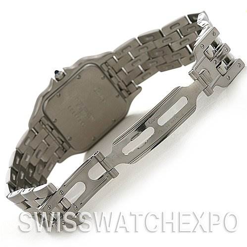 The image shows the back and clasp of a Cartier Panthere W25032P5 Stainless Steel Silver Dial W25032P5 Stainless Steel Silver Dial model watch from an angled view.