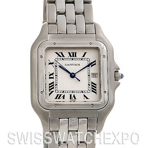 This Cartier Panthere W25032P5 Stainless Steel Silver Dial W25032P5 Stainless Steel Silver Dial model watch is shown from a front angle, displaying the face, bezel, and part of the bracelet.
