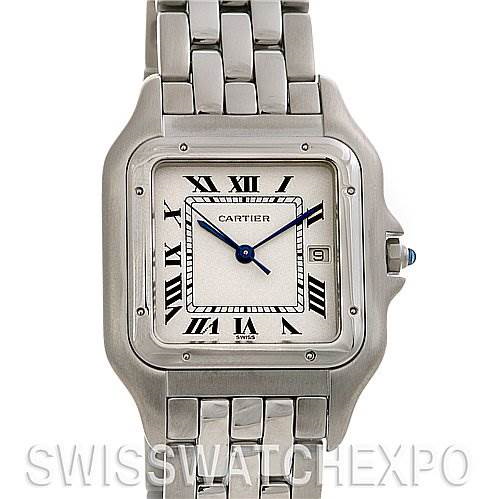 This Cartier Panthere model watch is shown from a front angle, displaying the face, bezel, and part of the bracelet.