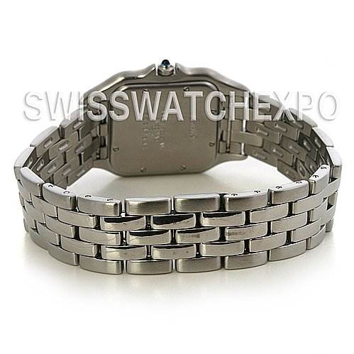 The image shows the back view of a Cartier Panthere W25032P5 Stainless Steel Silver Dial W25032P5 Stainless Steel Silver Dial watch, highlighting its metal bracelet and case back.