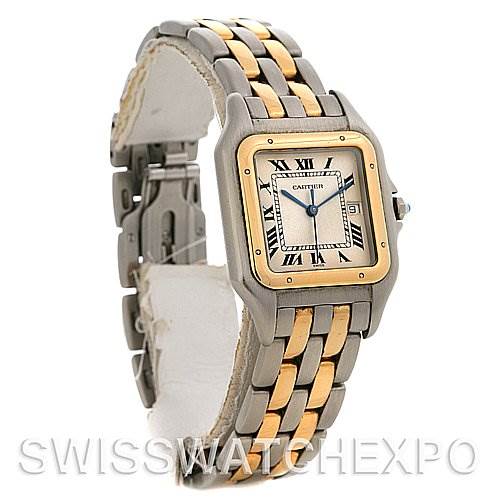 This image shows a Cartier Panthere W25028B6 Men's Steel and Gold (two tone) White Dial W25028B6 Men's Steel and Gold (two tone) White Dial watch at a three-quarter angle, focusing on the face, bezel, and two-tone bracelet.