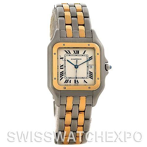 This image shows a frontal view of the Panthère model watch by Cartier, highlighting its face, bezel, and two-tone bracelet.