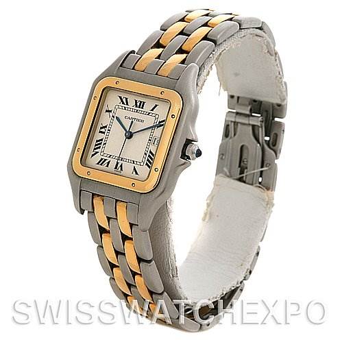 The Cartier Panthere W25028B6 Men's Steel and Gold (two tone) White Dial W25028B6 Men's Steel and Gold (two tone) White Dial watch is shown at a three-quarter angle, displaying the face, bezel, and part of the bracelet.