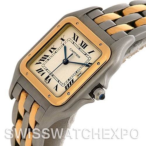 The image shows a Panthere de Cartier watch at an angled close-up, featuring the face, bezel, and a portion of the bracelet.